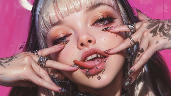 Anime Girl with Tongue Out and Piercings 4K