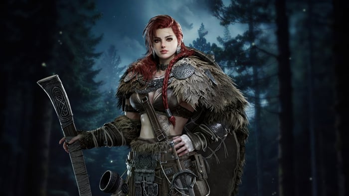 Viking woman with red hair and axe in forest 4K