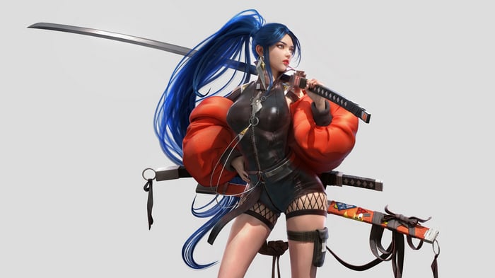 Anime Girl with Blue Hair and Katana