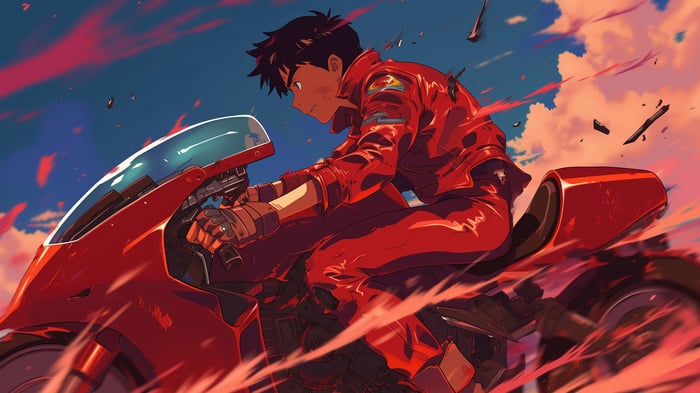 Akira rides a red motorcycle in 4K