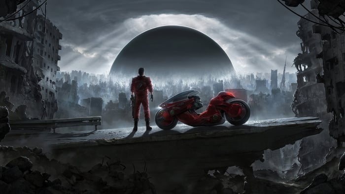 Kaneda and his motorcycle in a ruined city