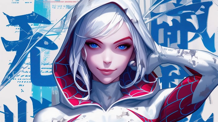 Spider-Gwen in a white and red suit with blue background