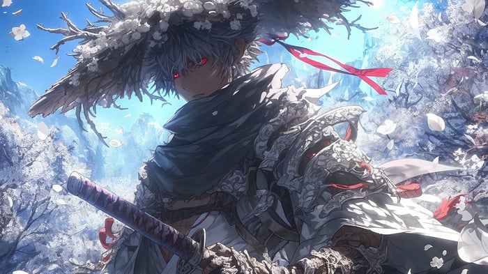 Fantasy Warrior with Red Eyes and Samurai Sword 4K