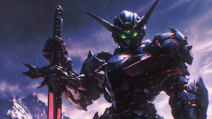 Gundam with a glowing sword in mountains