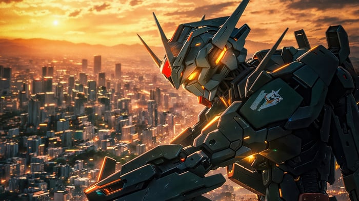 Gundam robot overlooking a city at sunset 4K