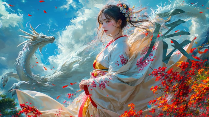 Fantasy Girl in Kimono with Dragon 4K