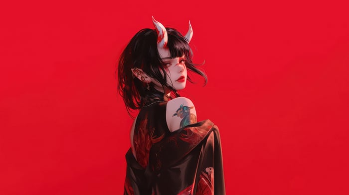 Anime Demon Girl with Horns and Tattoo 4K