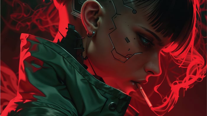 Cyberpunk Girl Smoking in Red Smoke 4K
