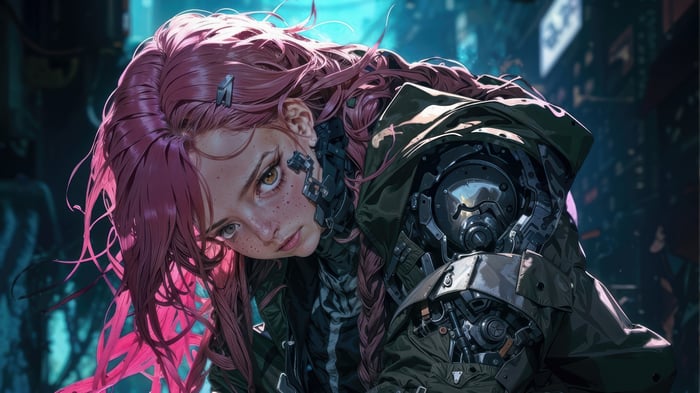 Cyberpunk Girl with Pink Hair and Mechanical Arm 4K