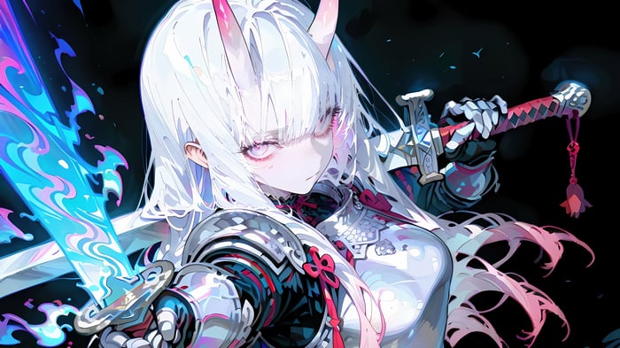 Anime Girl with White Hair and Horns holding a Sword