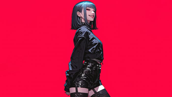 Anime Girl in Black Leather Outfit 4K