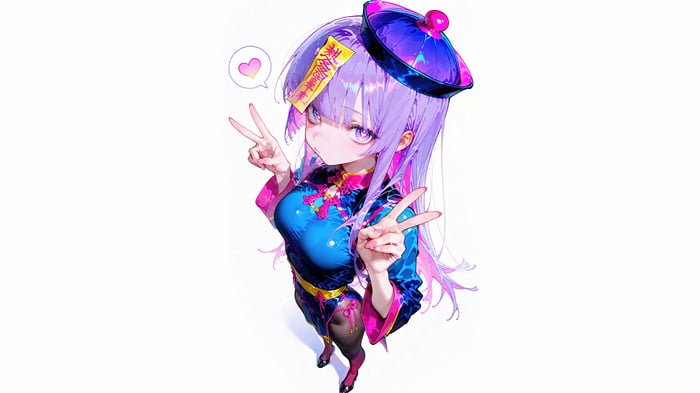 Anime Girl with Purple Hair and Jiangshi Outfit 4K