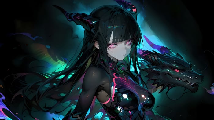 Anime Girl with Horns and Dragon 4K