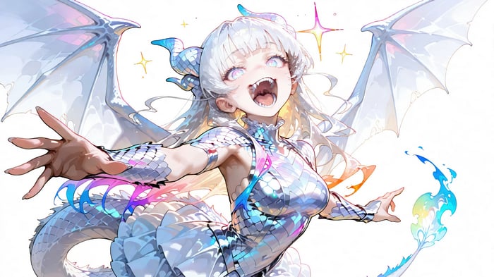 Anime Dragon Girl with White Hair and Wings 4K