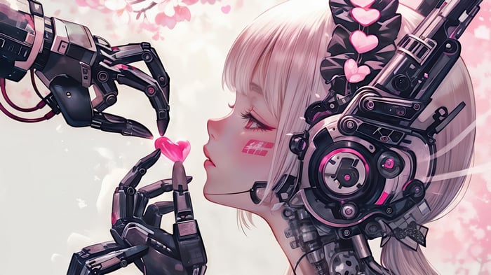Anime Girl with Cyberpunk Mechanical Arms and Pink Hearts 4K