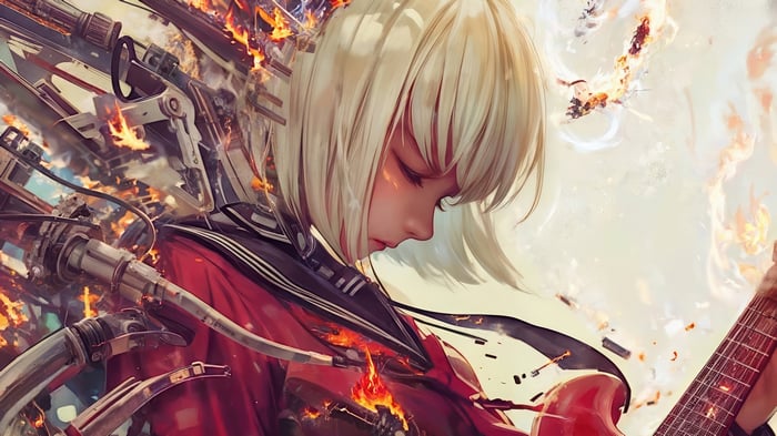 Anime Girl with Guitar in Cyberpunk Fire 4K