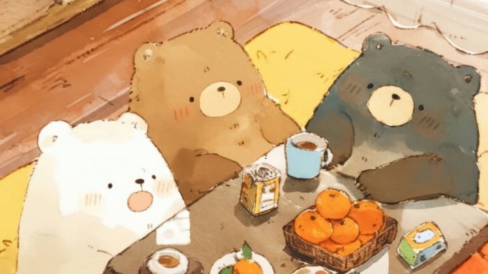 Three cute bears enjoying a cozy drink and snacks