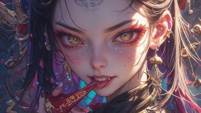 Anime Girl with Golden Eyes and Red Makeup 4K