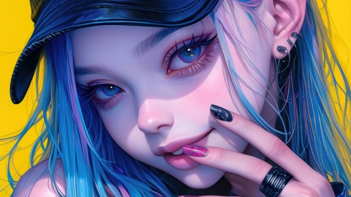 Anime Girl with Blue Hair and Pink Accents 4K