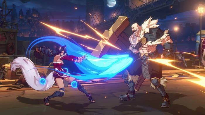 Ahri and Braum fighting in League of Legends 4K