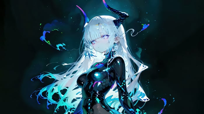 Anime Girl with White Hair and Demon Horns 4K