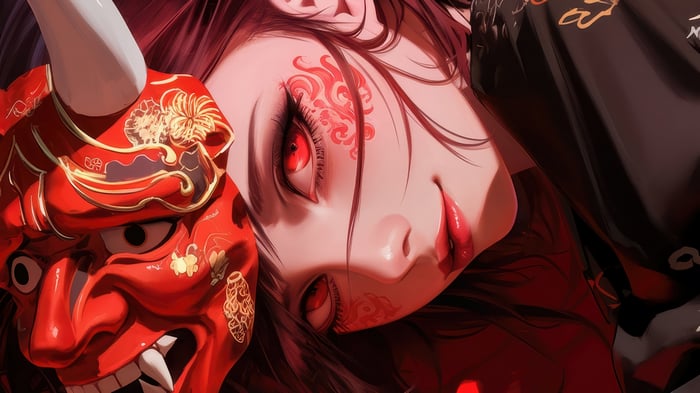 Anime Girl with Oni Mask and Red Eyes 4K
