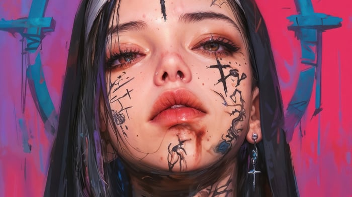 Anime Girl Nun with Tattoos 4K