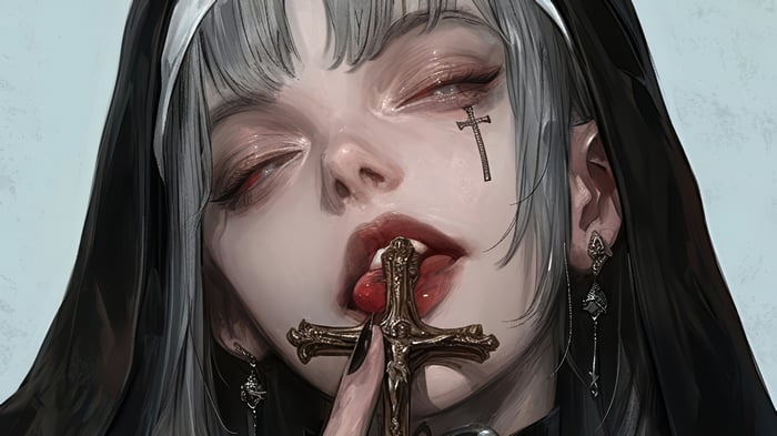 Anime Nun with Cross and Red Eyes 4K
