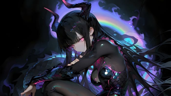 Anime Girl with Horns and Rainbow Aura 4K