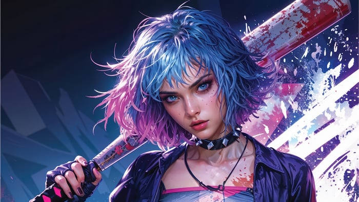 Anime Girl with Blue and Pink Hair Holding Baseball Bat