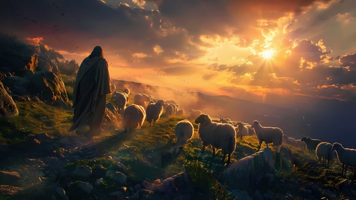 Jesus Christ leading sheep at sunrise 4K