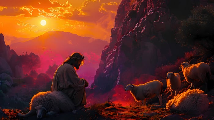 Jesus Christ with Sheep at Sunset 4K