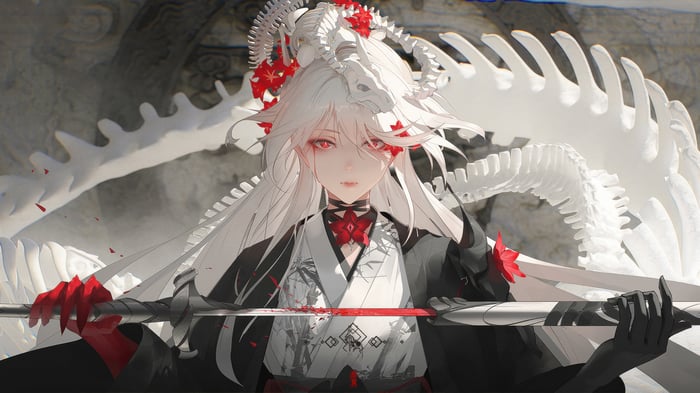 Acheron from Honkai: Star Rail with a dragon skull headdress