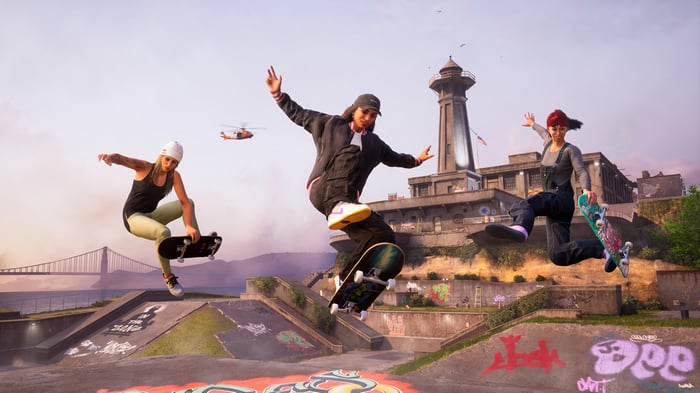 Skateboarding in a skatepark with a lighthouse in the background
