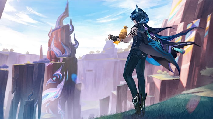 Ororon from Genshin Impact in a fantasy landscape