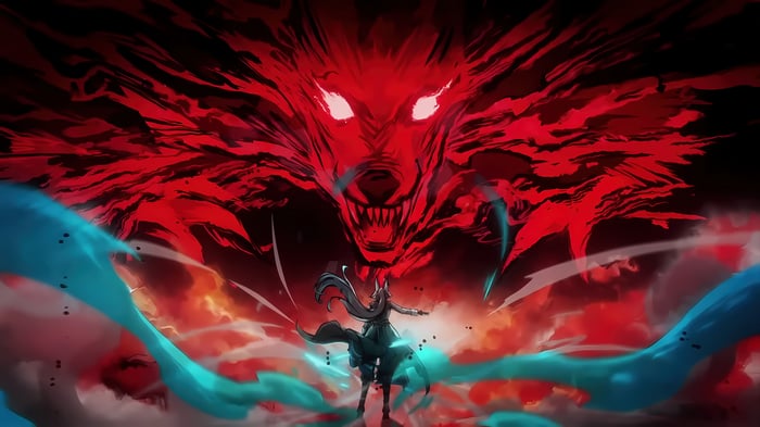 Feixiao confronts a giant red wolf in Honkai: Star Rail 4K