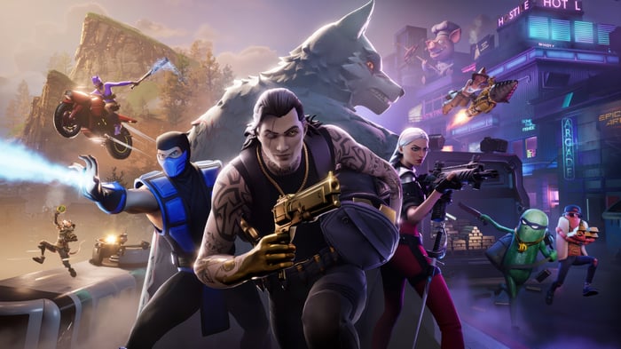 Fortnite characters in a neon city with a werewolf
