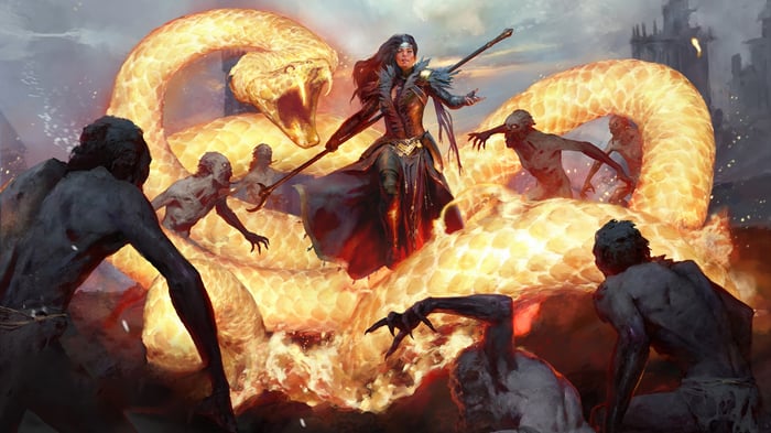 Sorcerer fighting zombies with a giant snake in Diablo IV 4K