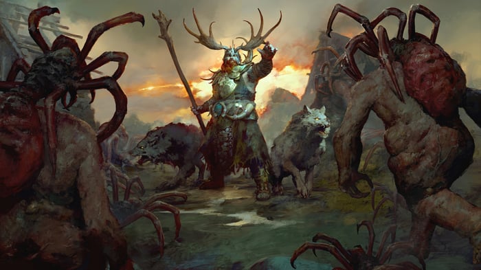 Druid with wolves and spider-like creatures in Diablo IV 4K