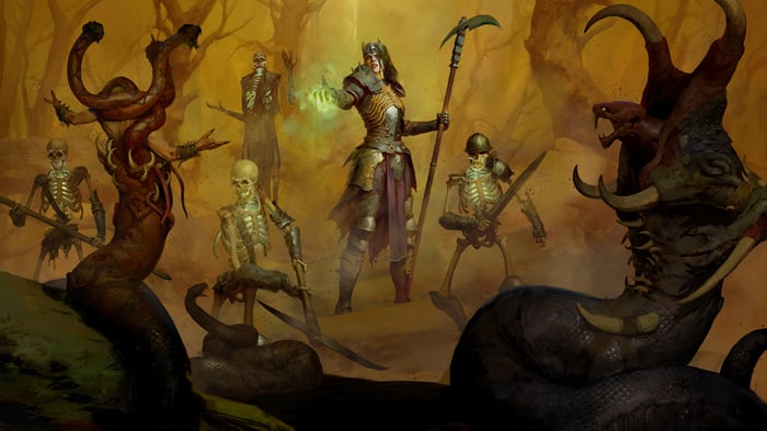 Diablo IV Necromancer with Skeletons and Monsters