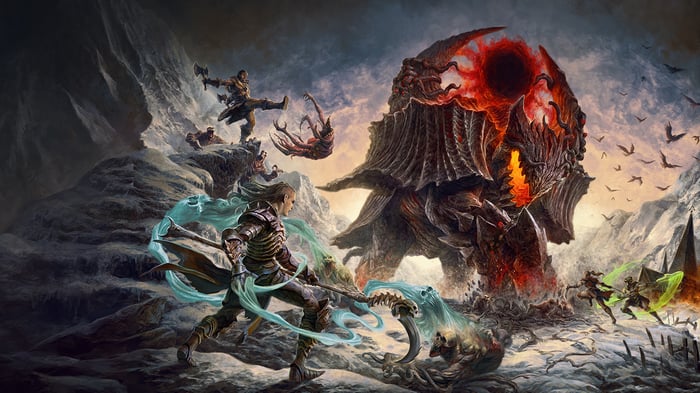 Diablo IV Necromancer and Barbarian fight a monster