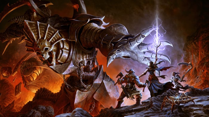 Diablo IV: Barbarian, Sorcerer, and Necromancer battle a demon