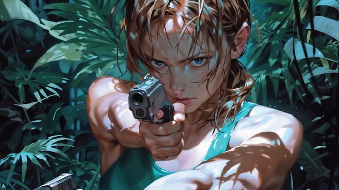 Lara Croft holding a gun in a jungle 4K