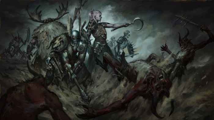 Diablo IV Necromancer, Barbarian, and Druid Battle