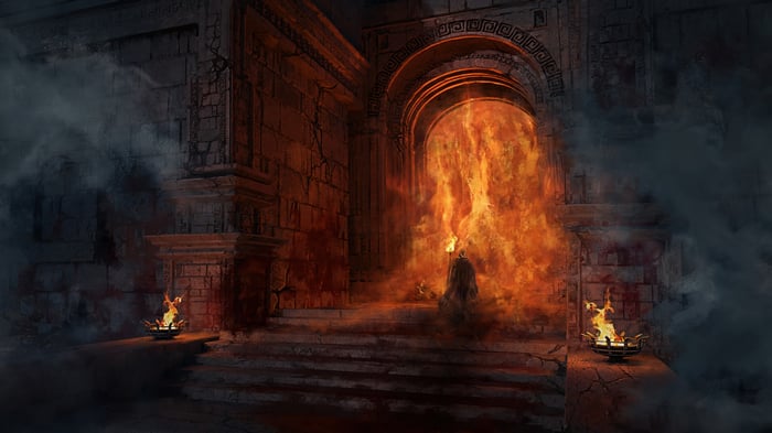 Diablo IV 4K Dungeon Entrance with Fire