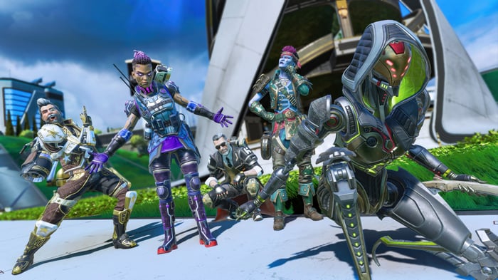 Apex Legends Ballistic, Bangalore, Ash, Mad Maggie, and a robot