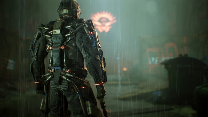 Soldier in advanced exoskeleton suit in the rain