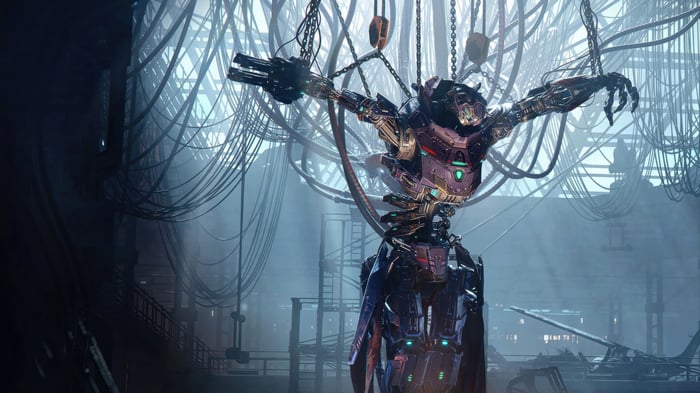 Robot suspended by chains in a factory
