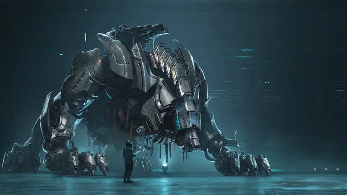 Steel Hunters Robot in a Dark Hangar 4K