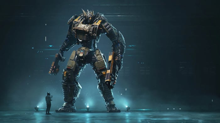 Giant Robot and Soldier in a Hangar 4K
